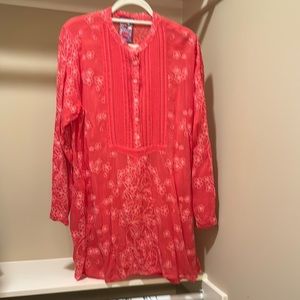 Johnny Was Red Pleated Tunic with Mandarin Collar